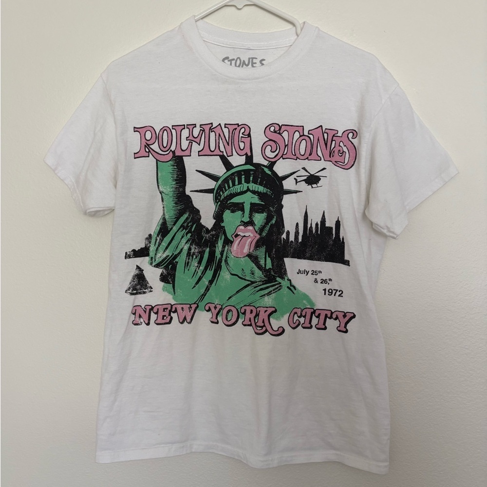 the Rolling Stones White Graphic Tee with Green & Pink Print Size Small